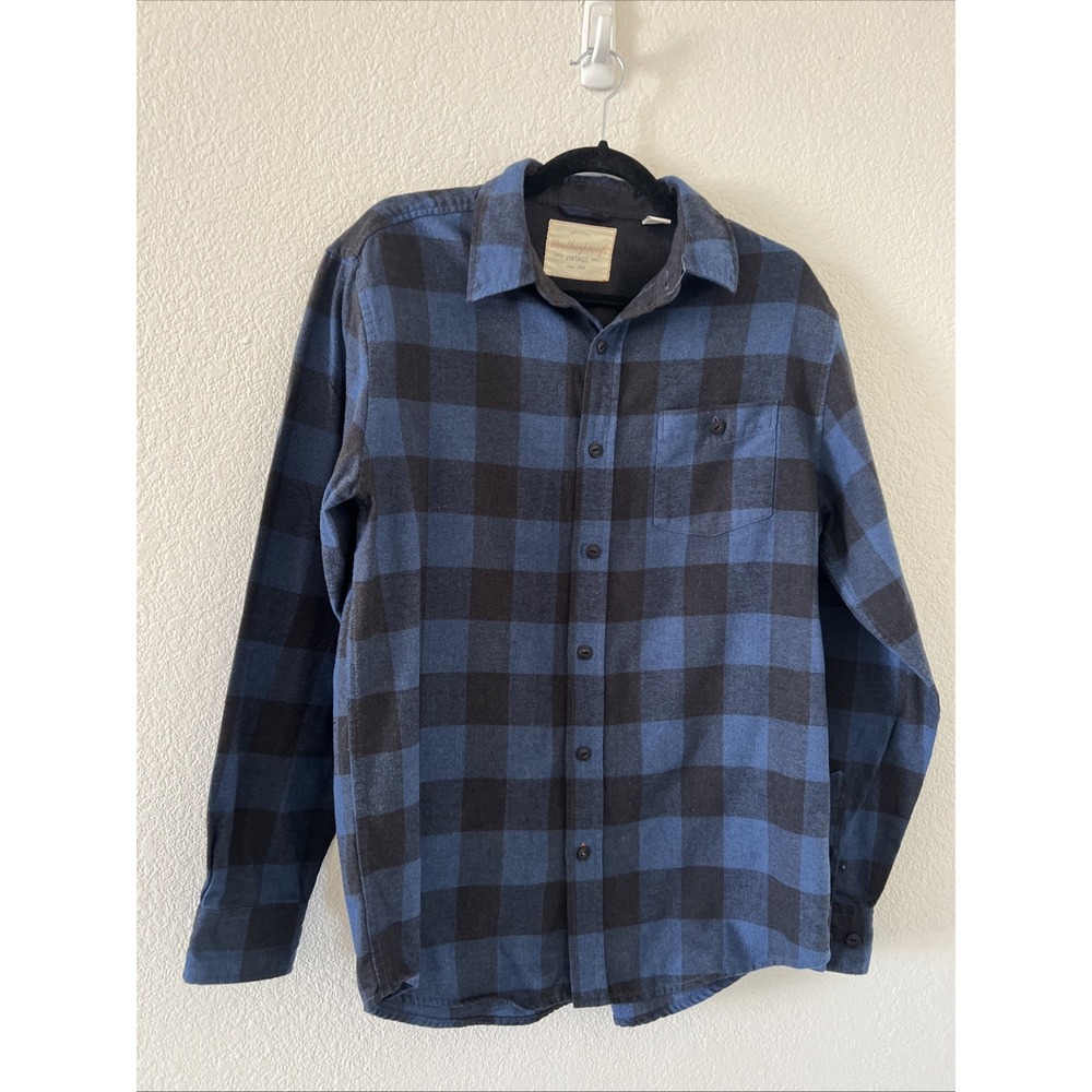 Weatherproof Vintage Shirt Men Medium Blue Plaid Flannel Button Up